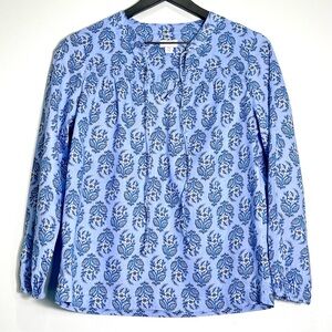 J. CREW Women Long Sleeve 100% Cotton Blouse Blue Floral Tie Front Smocked Sz XS